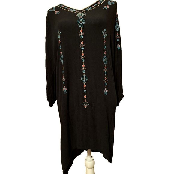 Wrangler Dress Size Medium Black Aztec Western Embroidered Bohemian Tunic Shift - Picture 1 of 4